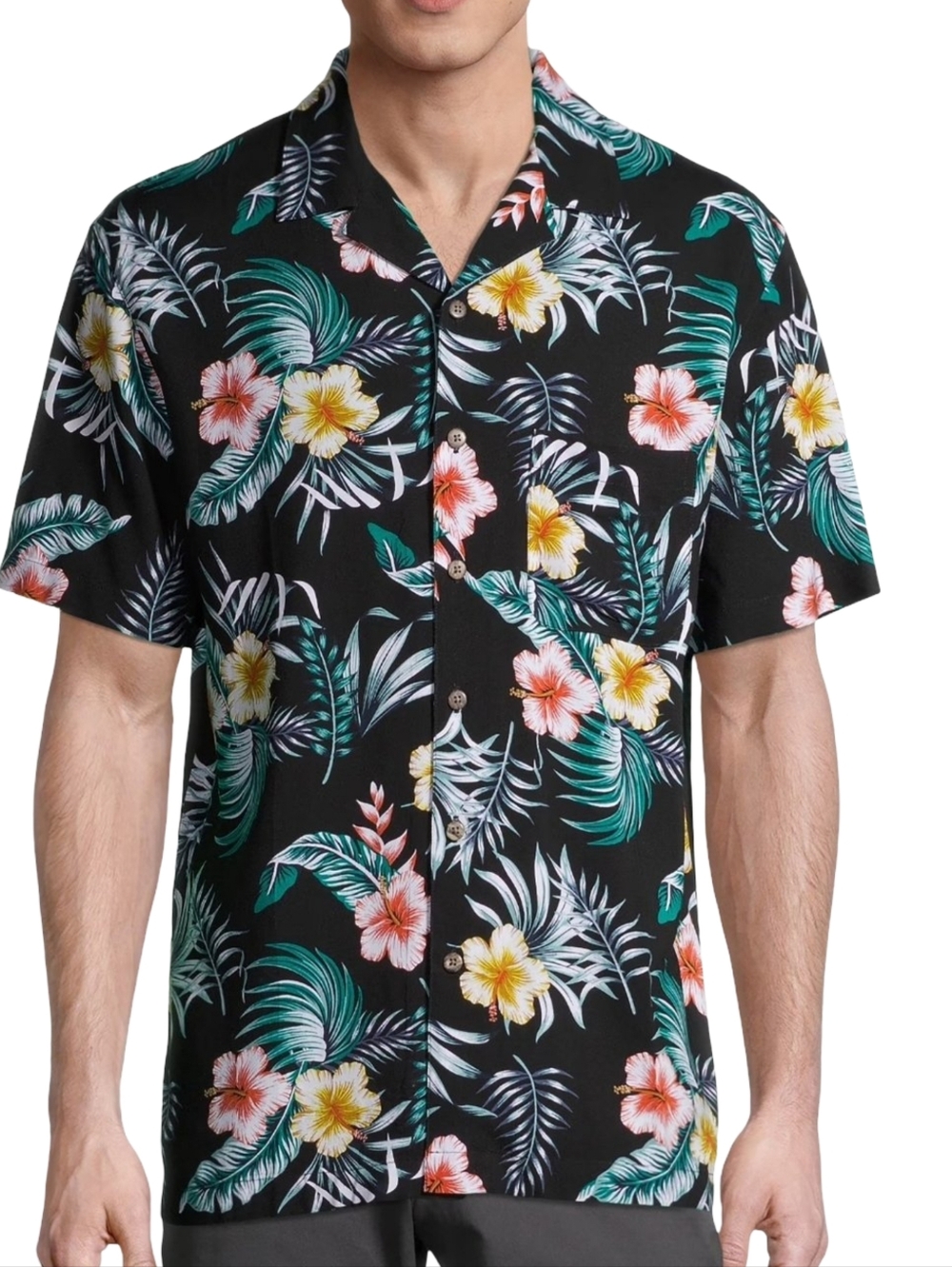 George Mens Black Tropical Floral Button-Front Shirt Size Xl